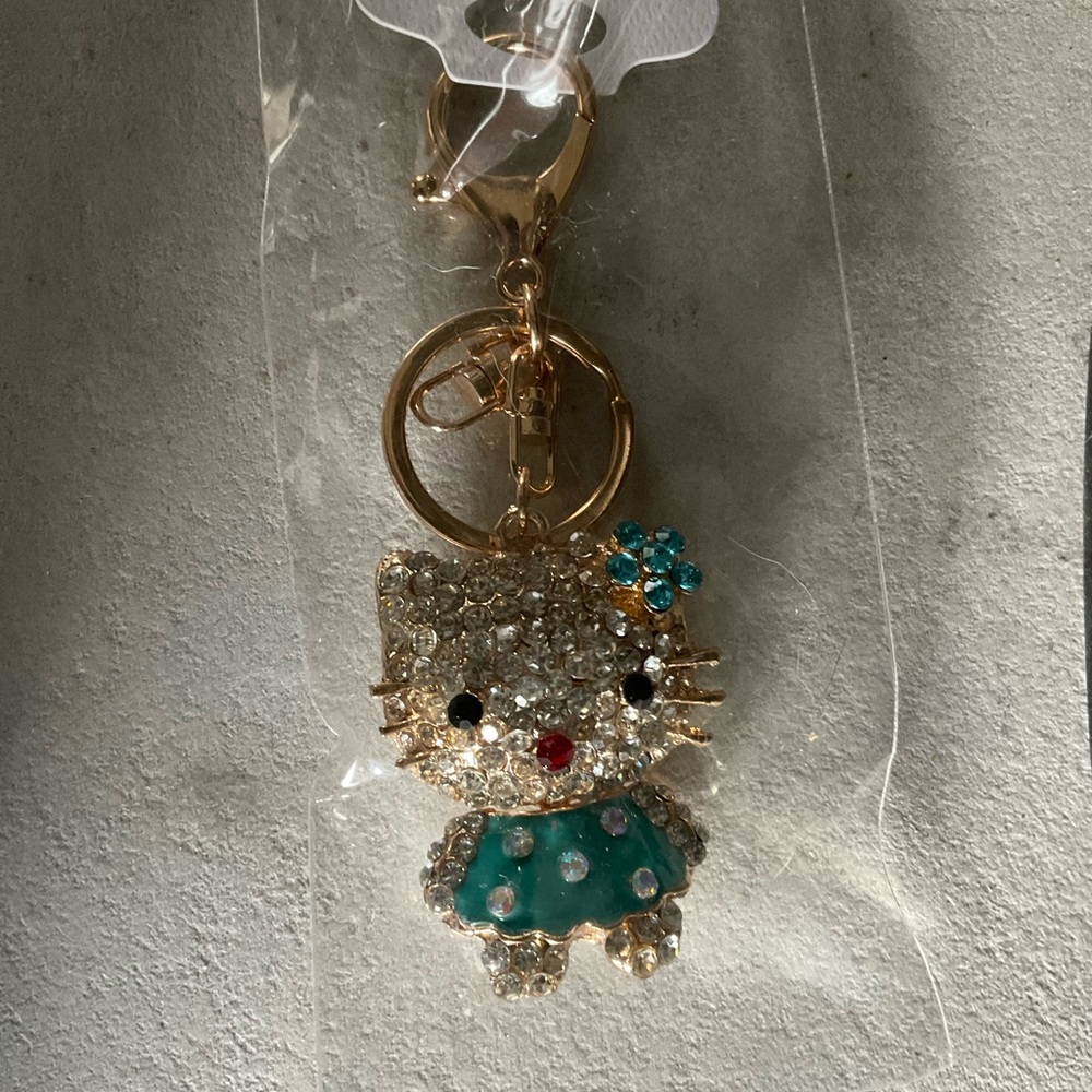 Kitty blue rhinestone bow articulating Key Chain + Clip NIP GIFTABLE